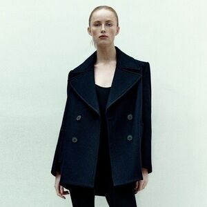ZARA Navy Pea Coat Double-Breasted Oversized Wool